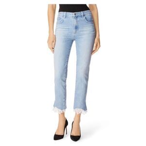 J. Brand Women's Size 26‎ Ruby Fortuny Destruct Jeans Lace Trim Classic Blue